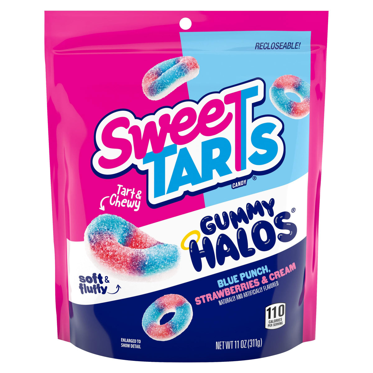 SweeTARTS Halos blue punch ring with soft fluffy bottom for a chewy bite.