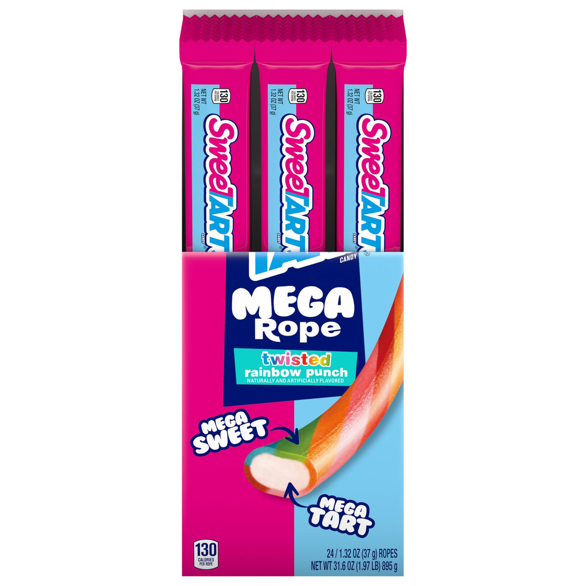 SweeTARTS Mega Rope Twisted Rainbow Punch, vibrant colors for on-the-go snacking.