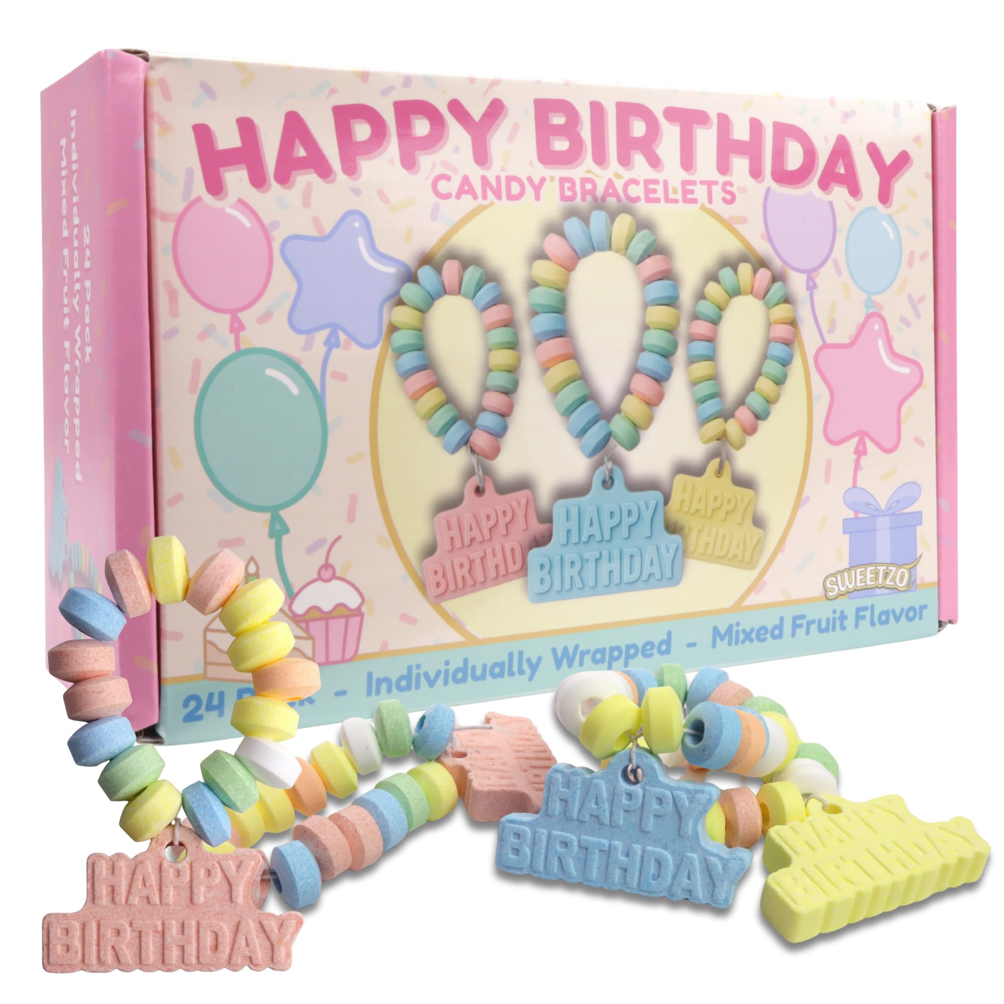 Sweetzo candy bracelets in mixed fruity flavors for colorful birthday treats.