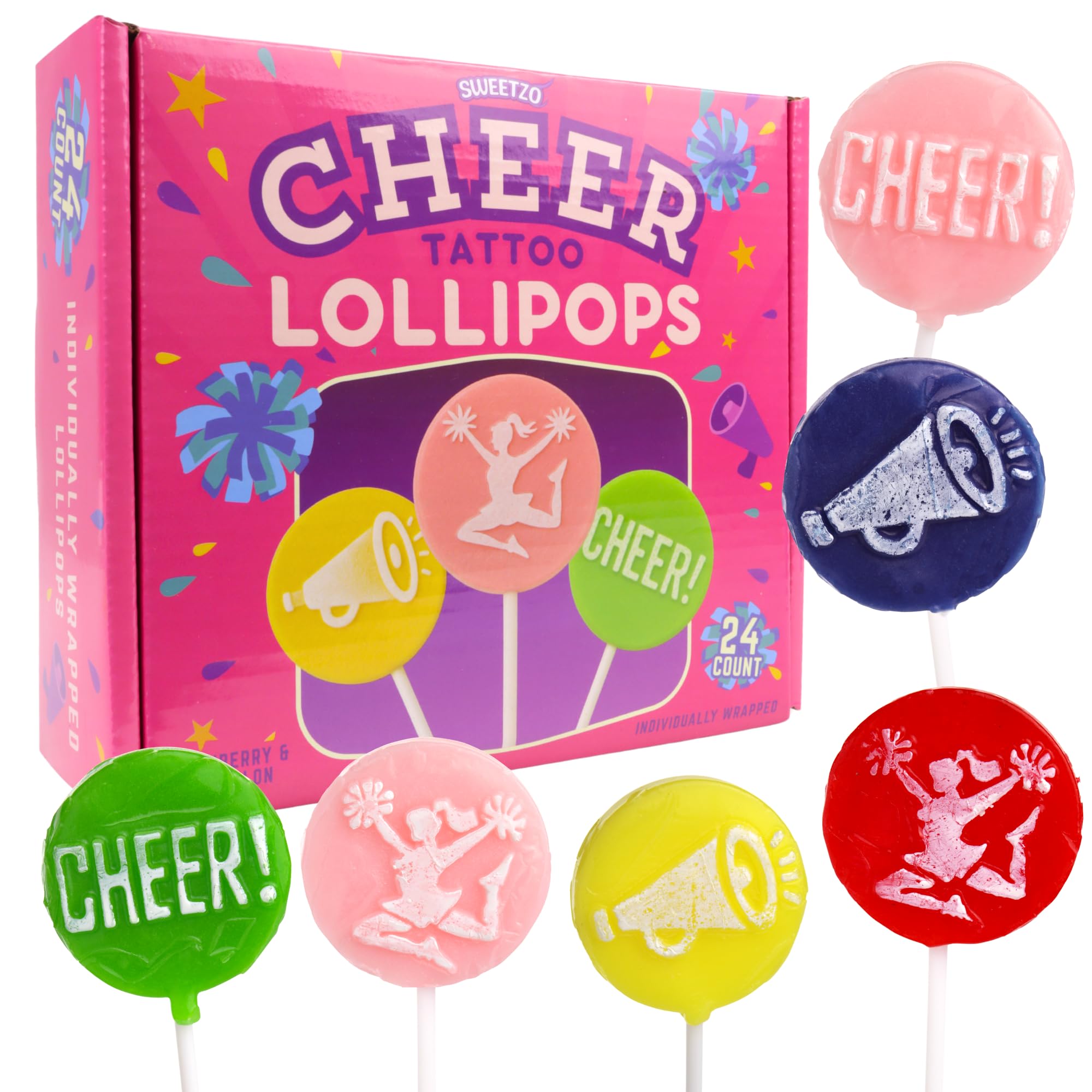 Sweetzo Cheer Tattoo Lollipops on display at a candy table