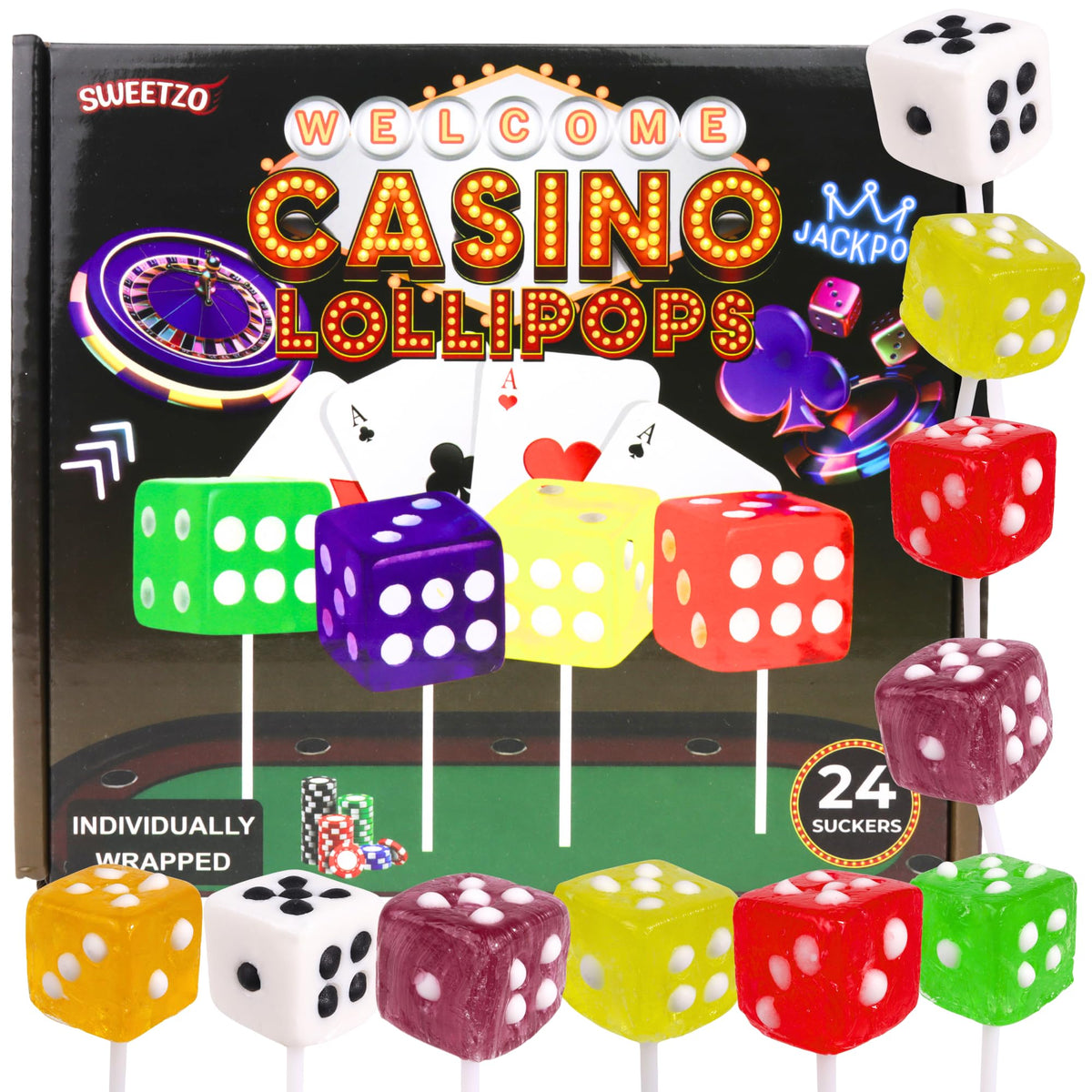 Sweetzo dice shaped lollipops in a front box display, ideal for casino themed events.