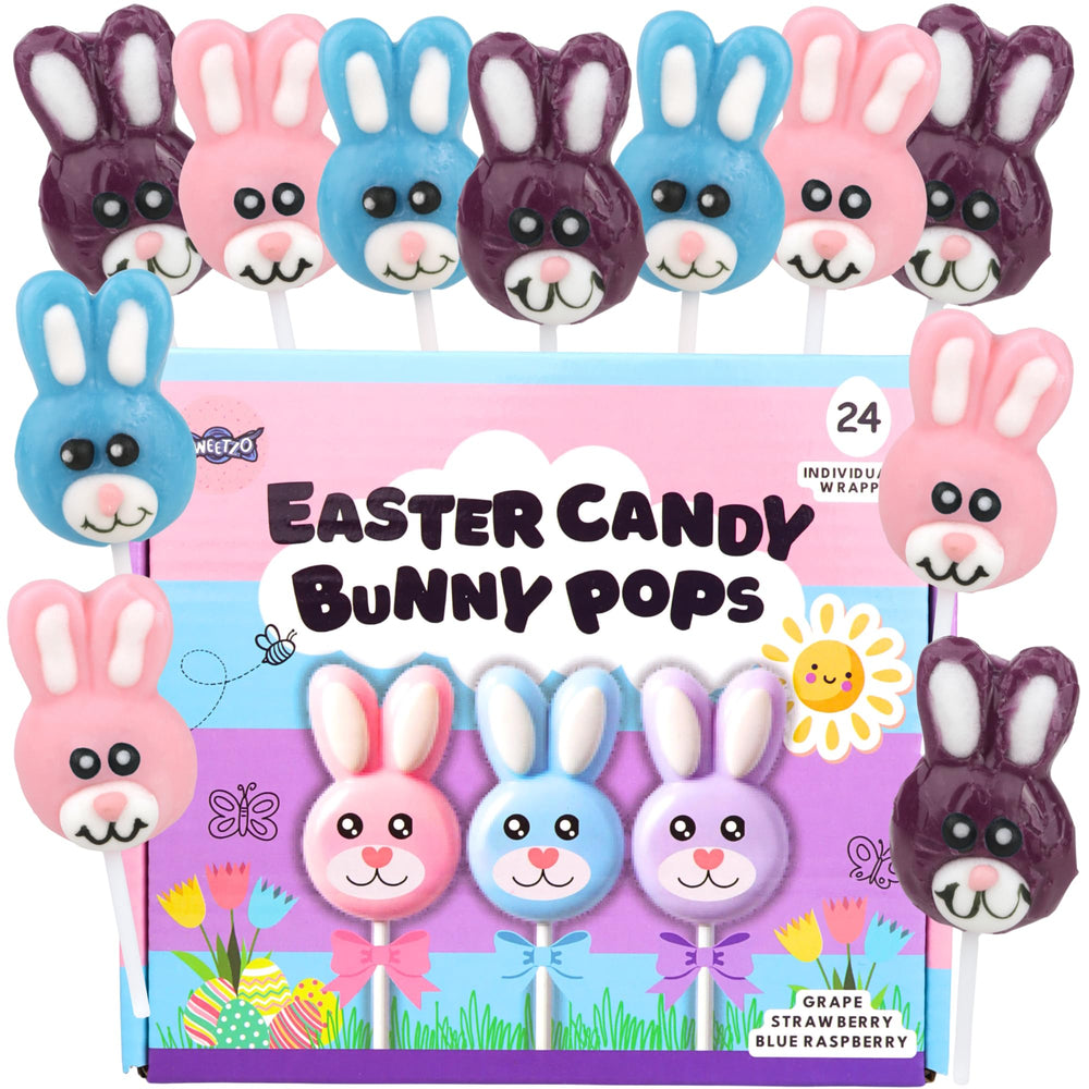 Sweetzo Easter bunny lollipops display in 24-count package ready for gifting