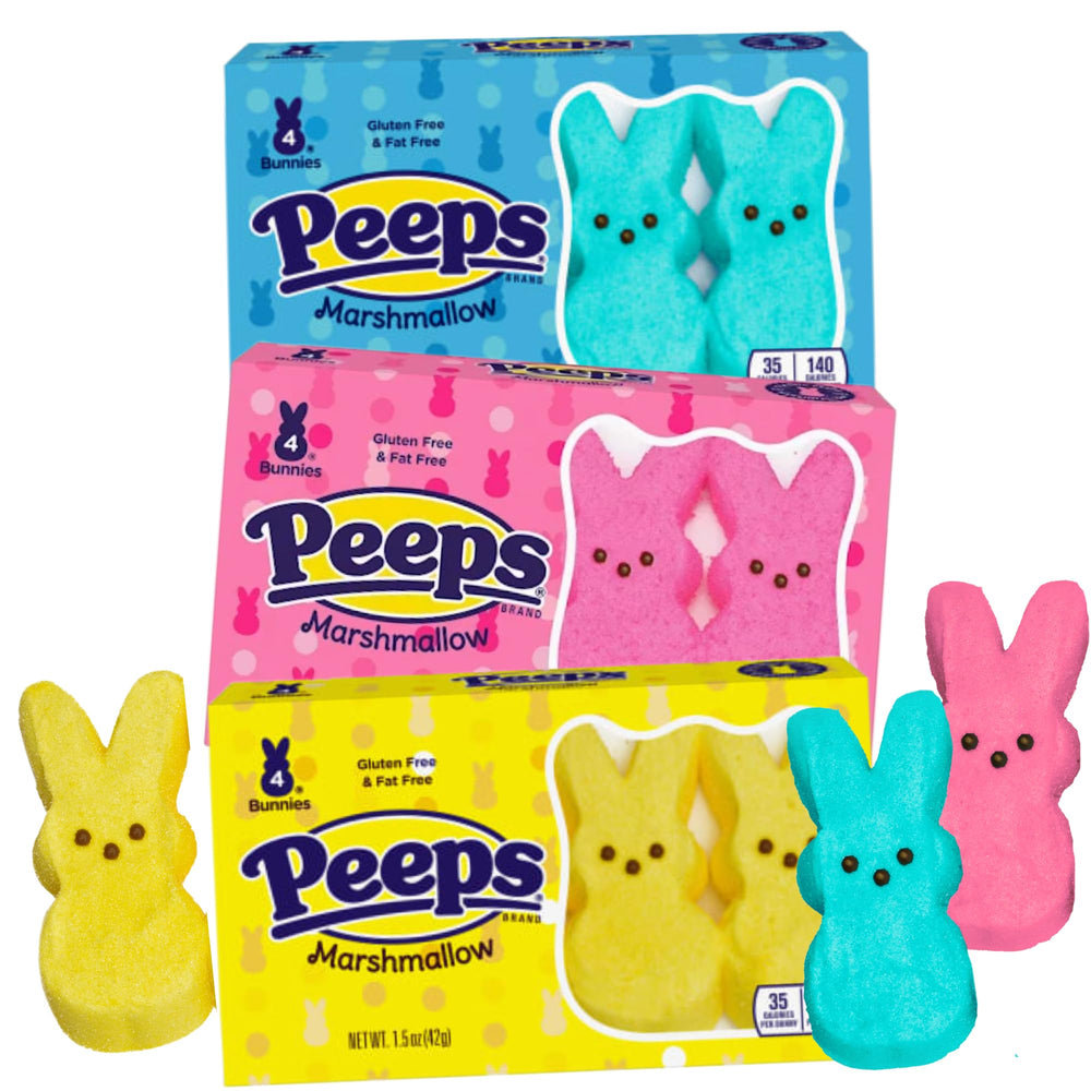 Sweetzo Easter Bunny Peeps multicolor pack featuring pink, blue, and yellow bunnies for festive baskets.