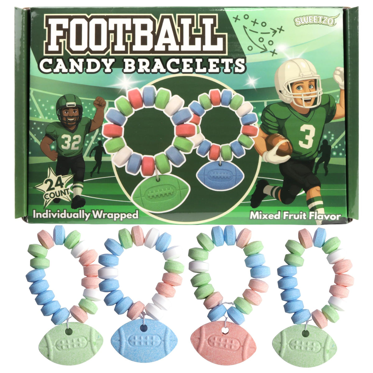 Sweetzo football candy bracelets pack featuring colorful edible jewelry for game-day celebrations.