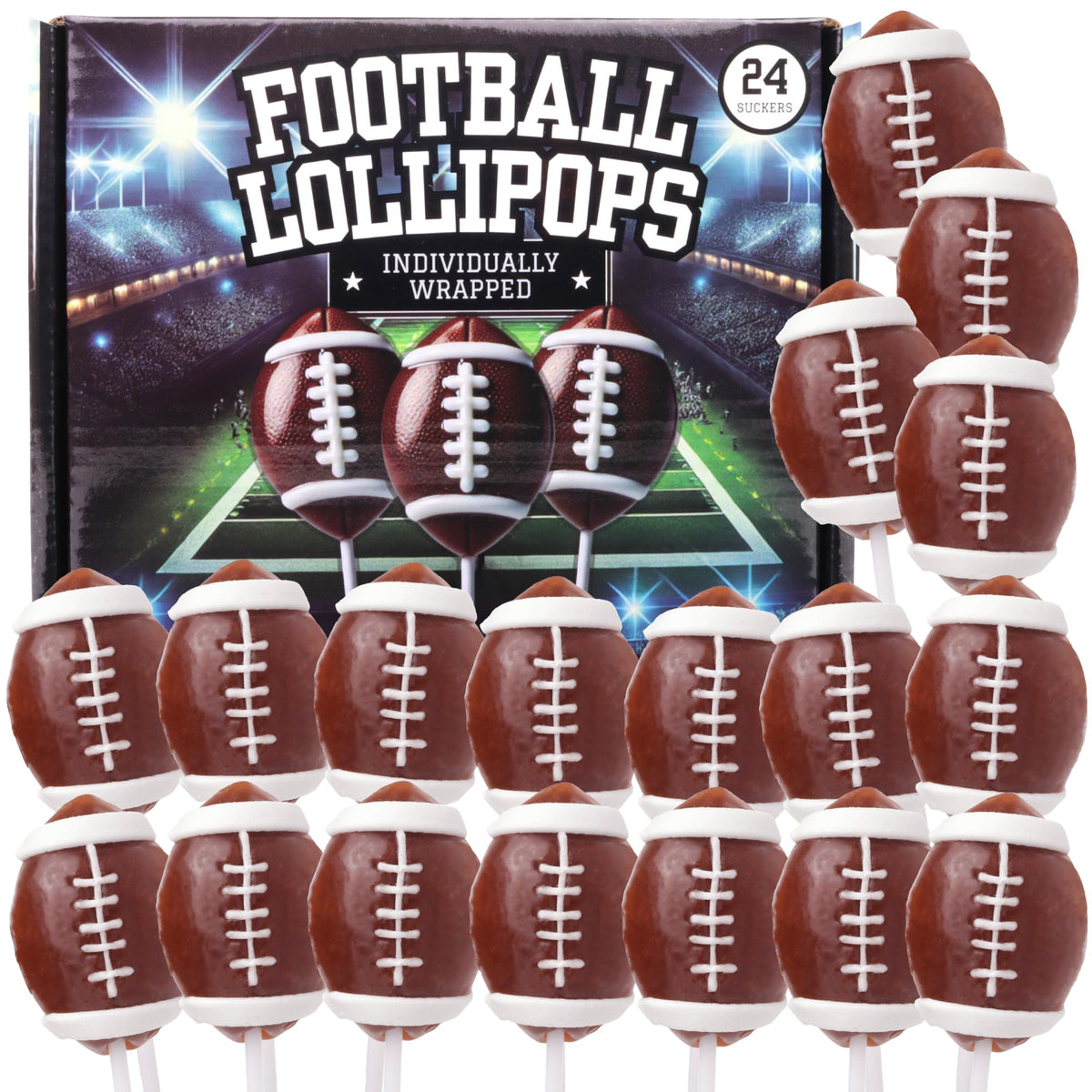 Sweetzo football lollipops shaped like mini footballs for game-day snacking.