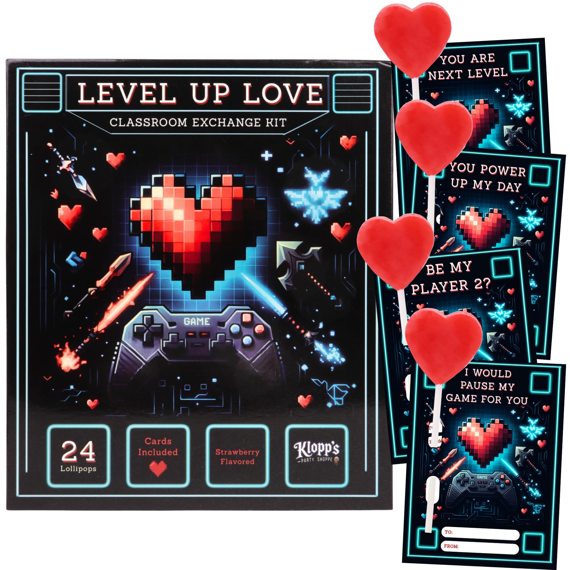 Sweetzo gamer valentines kit box with pixel art for classroom exchanges