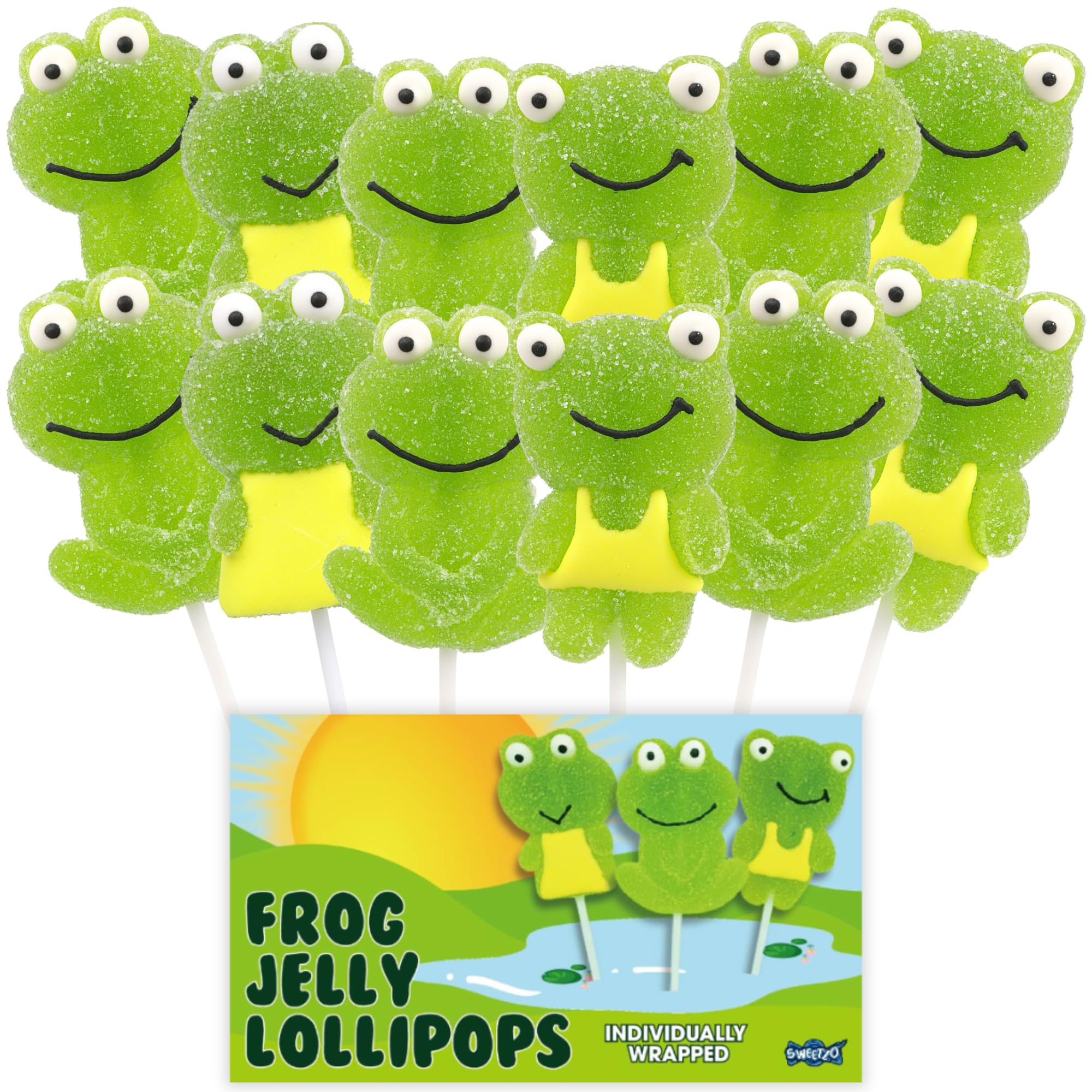 Sweetzo green apple frog lollipops in a display box, perfect for party decor.