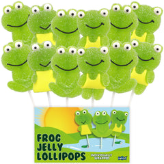 Sweetzo green apple frog lollipops in a display box, perfect for party decor.