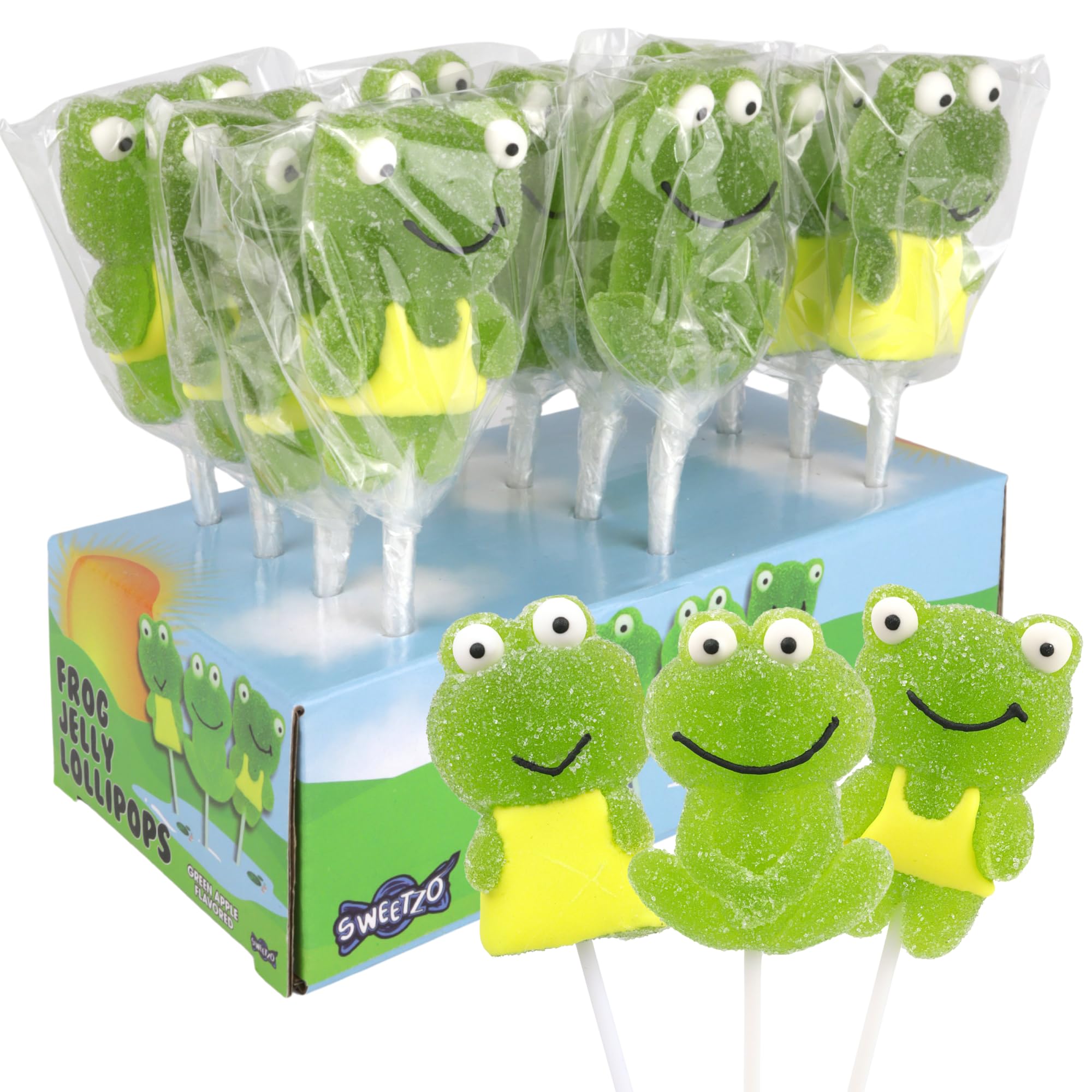 Sweetzo green apple frog lollipops close-up highlighting flavor and finish.