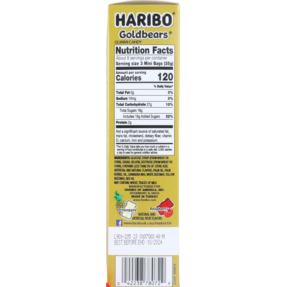 Sweetzo Haribo Goldbears mini bags close-up with raspberry and pineapple flavors.