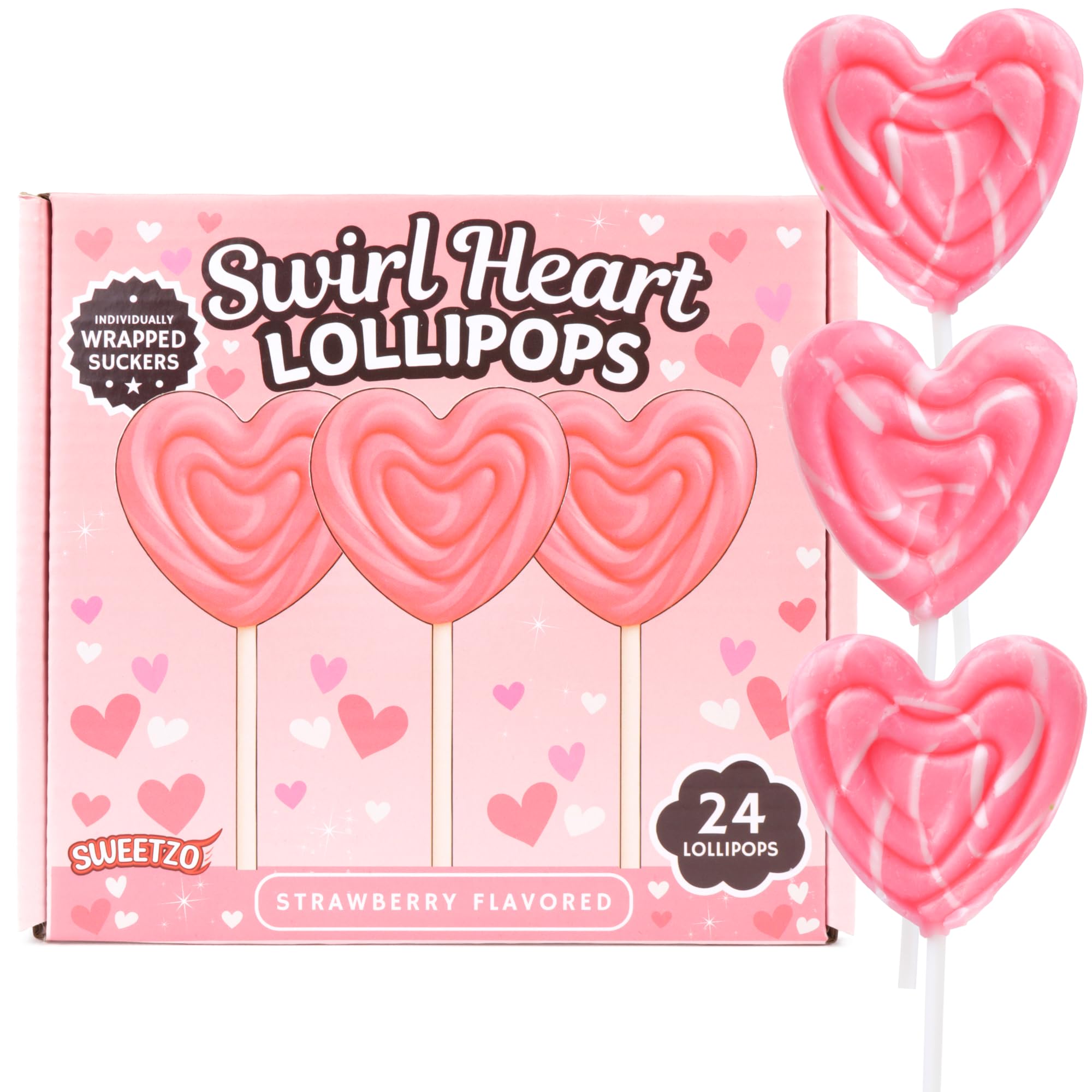 Sweetzo Heart Swirl Lollipops, individually wrapped for freshness and easy sharing.