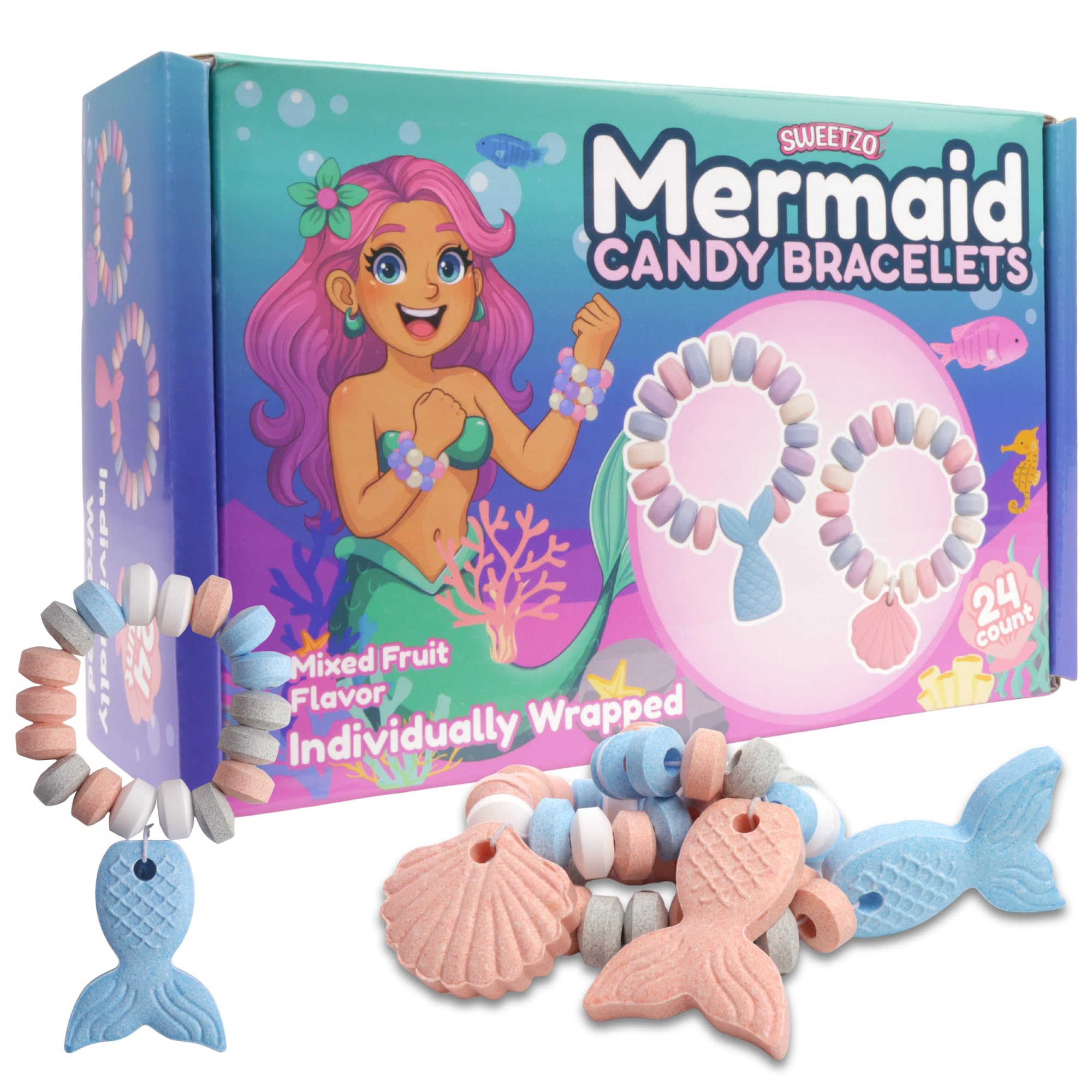 Sweetzo mermaid-tail design bracelets offer colorful edible jewelry for events.
