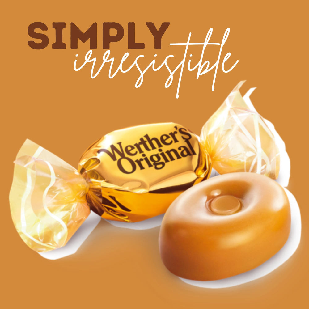 Office candy jar featuring Sweetzo Werther's Original caramel candies for desk snacking.