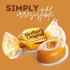 Office candy jar featuring Sweetzo Werther's Original caramel candies for desk snacking.