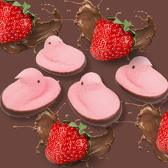 Two-pack display for Easter baskets featuring Strawberry Chicks dipped in milk chocolate.