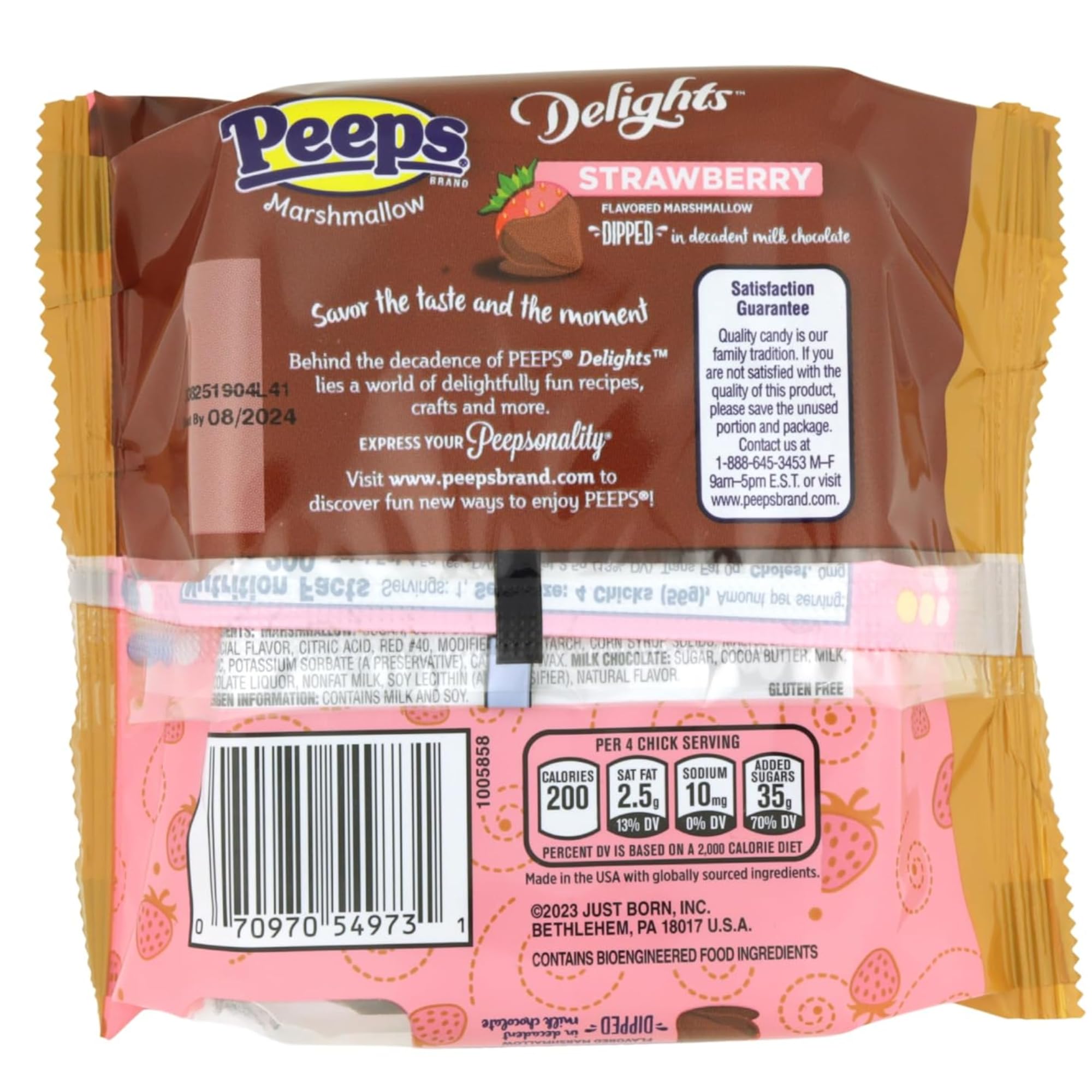 Sweetzo marshmallow chick treat with strawberry flavor and milk chocolate dip.