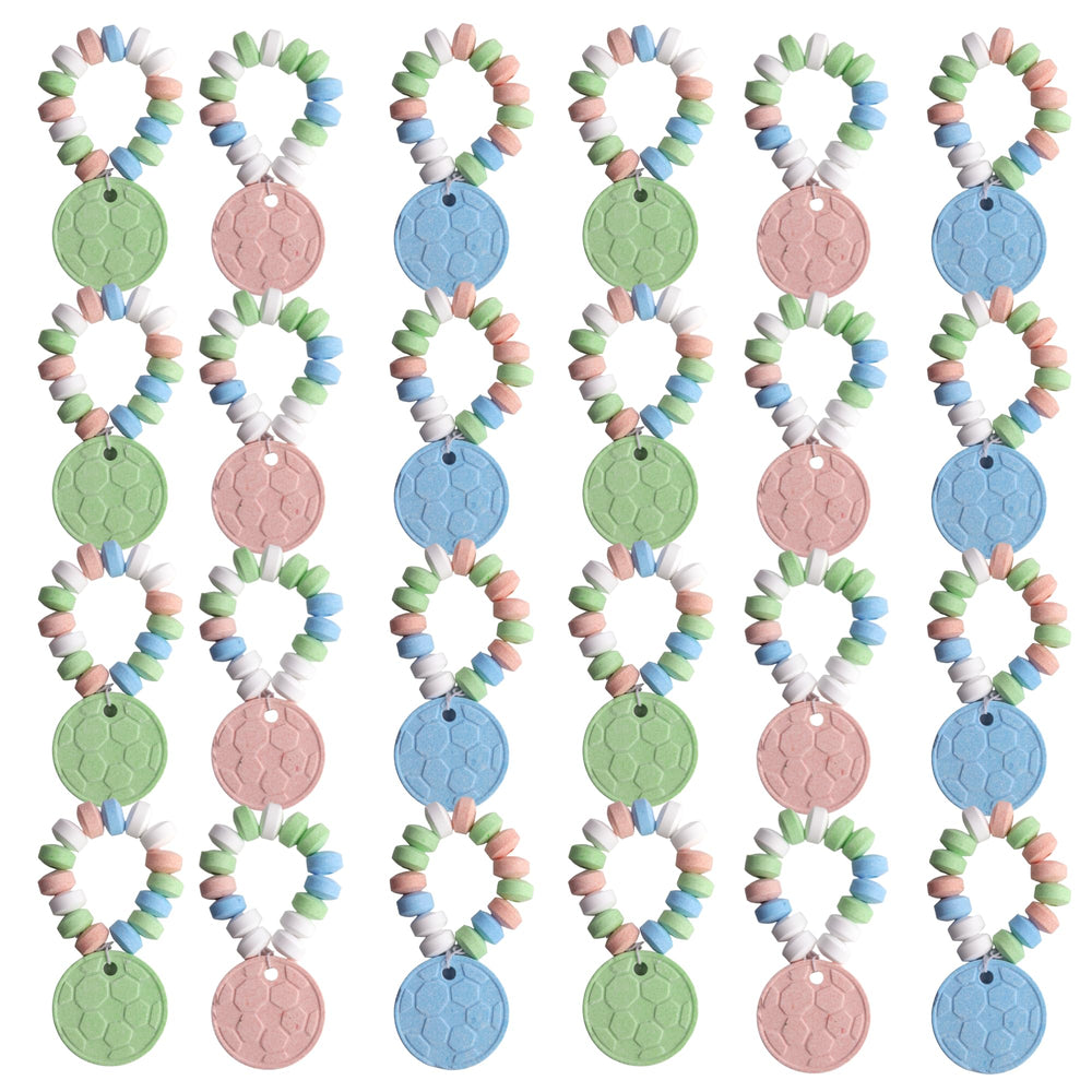 Close-up of a soccer ball charm design on a stretchable Sweetzo bracelet.