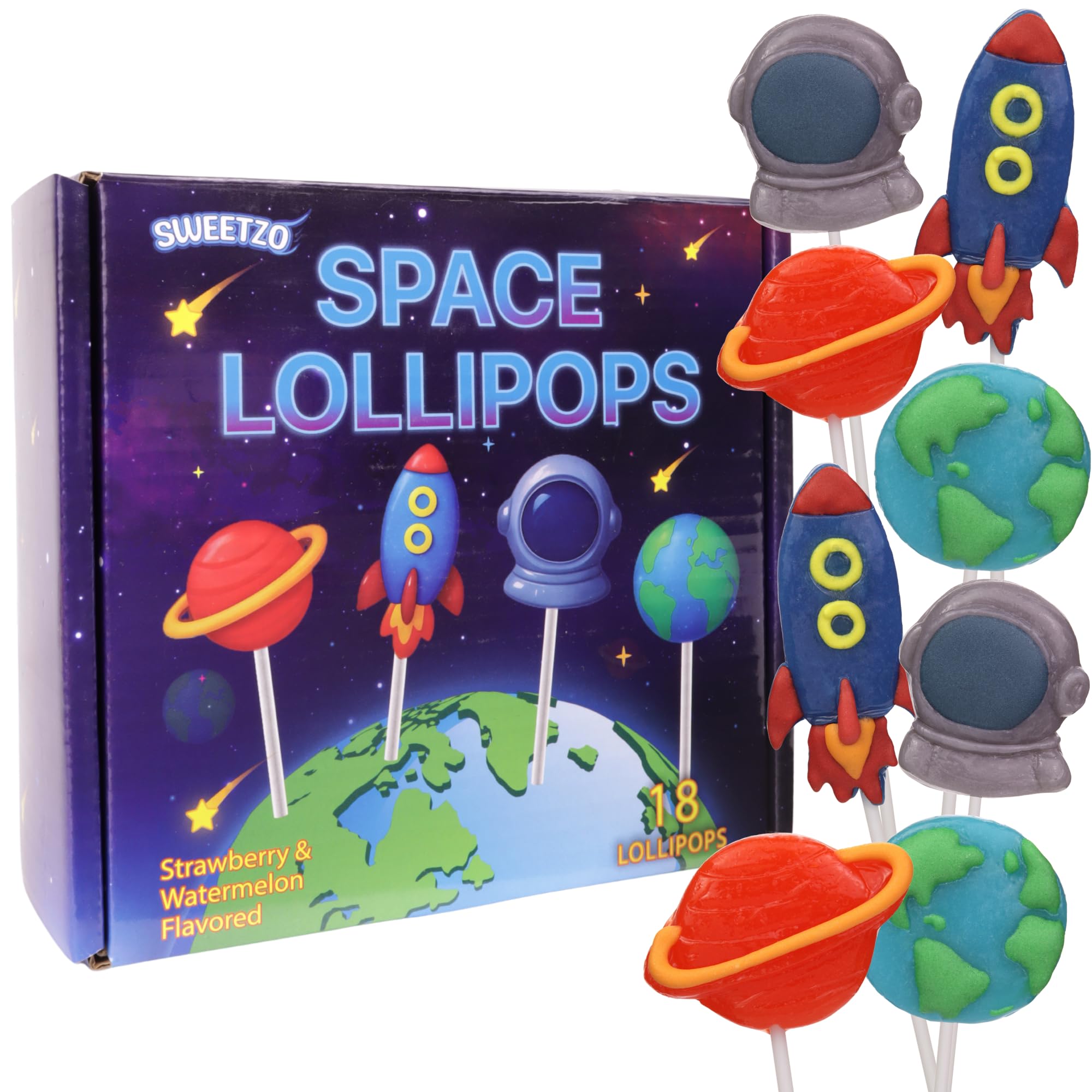 Sweetzo Watermelon flavor, refreshing fruity taste on Earth and astronaut designs.