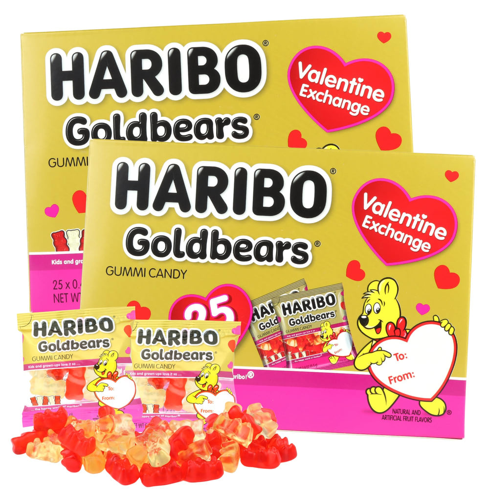 Sweetzo Valentine Haribo Goldbears kit boxes ready for classroom gifting.