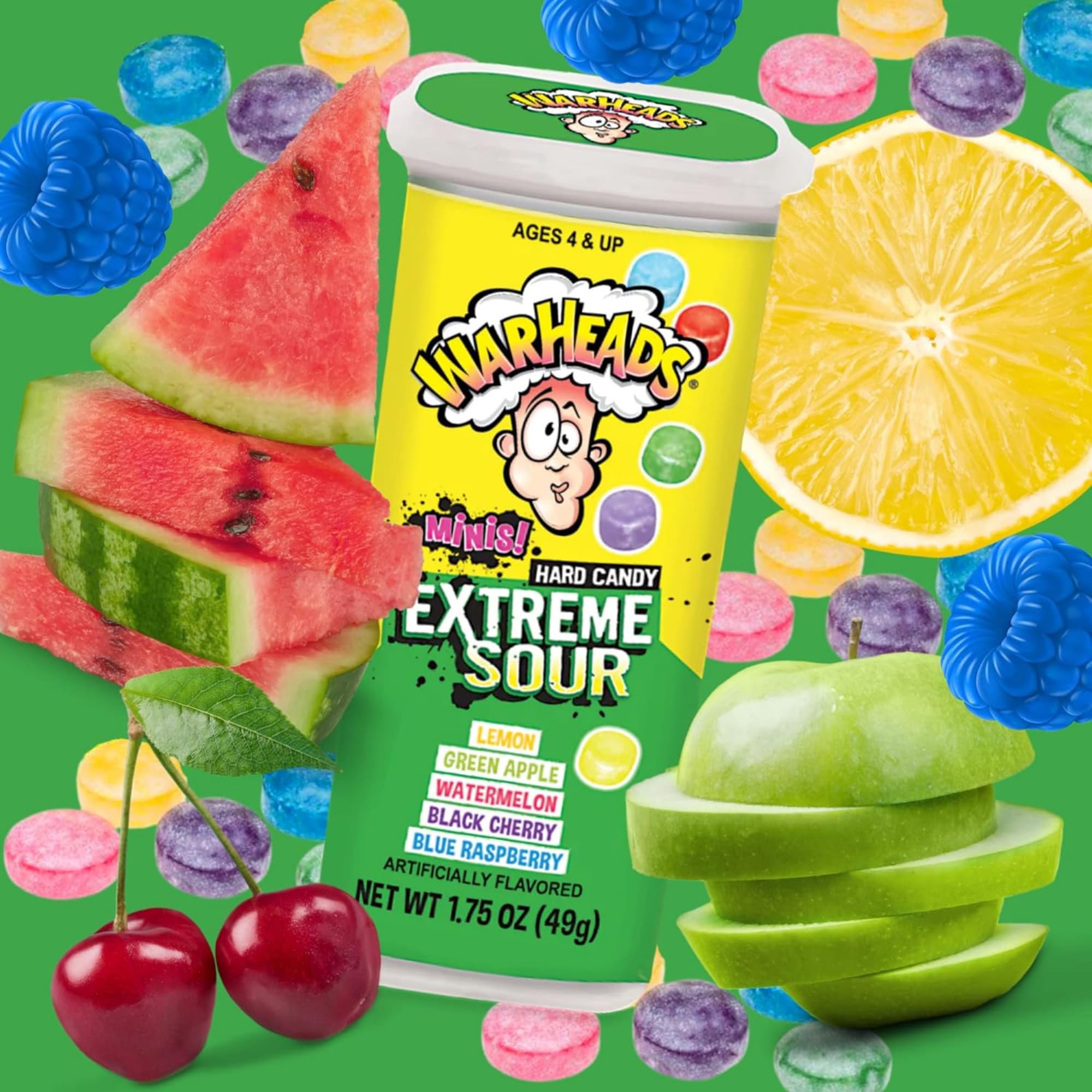 Sweetzo Warheads Minis green apple flavor delivers tart sweetness in a bite-sized treat.
