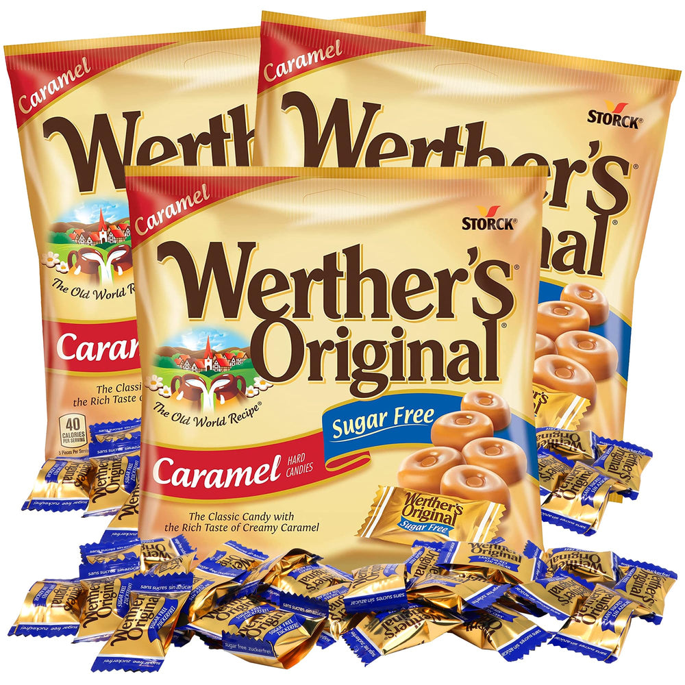Sweetzo Werther's Original sugar-free caramel candies three-pack for on-the-go snacking.