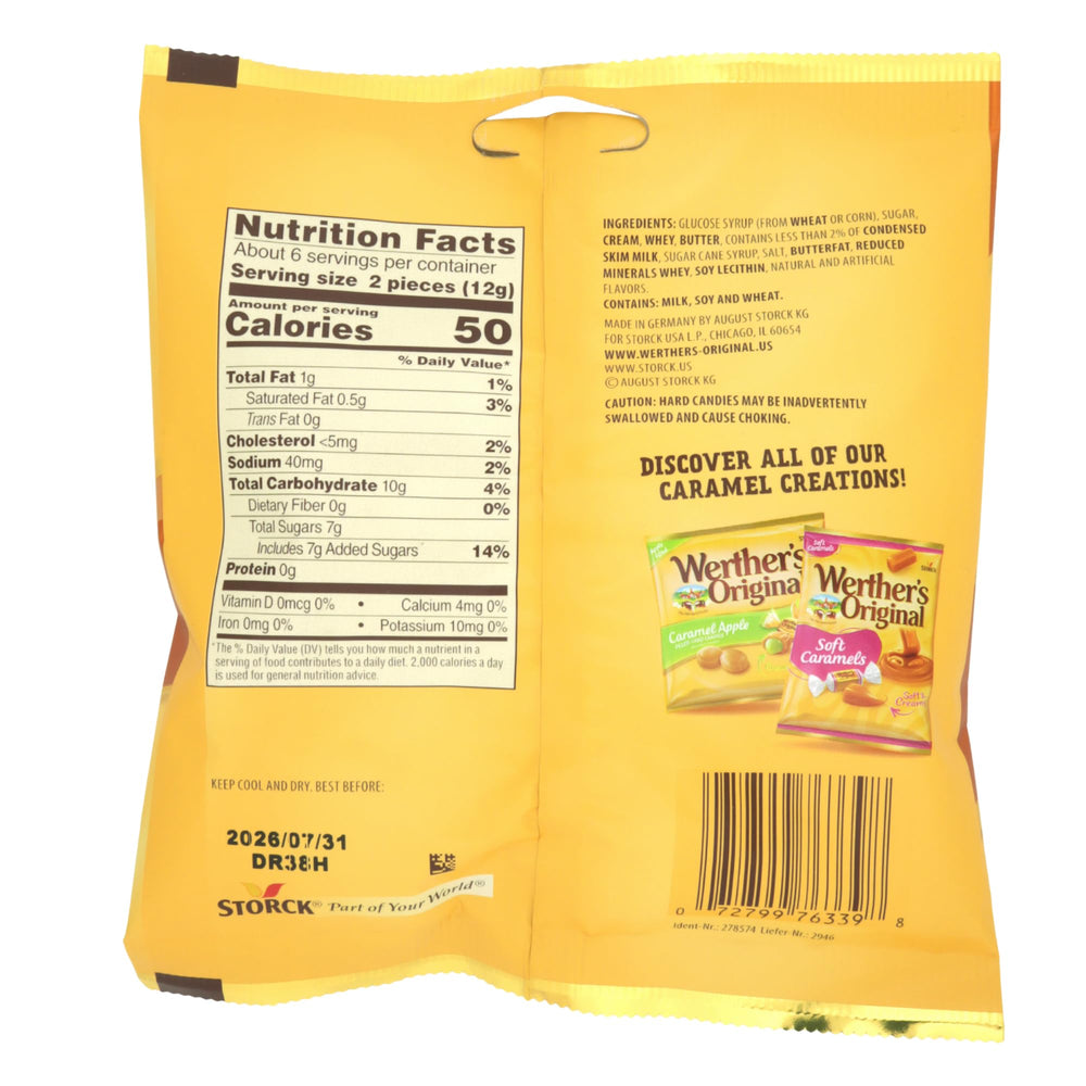 Sweetzo Werther’s Original creamy filled center delivering rich butter and cream flavor.