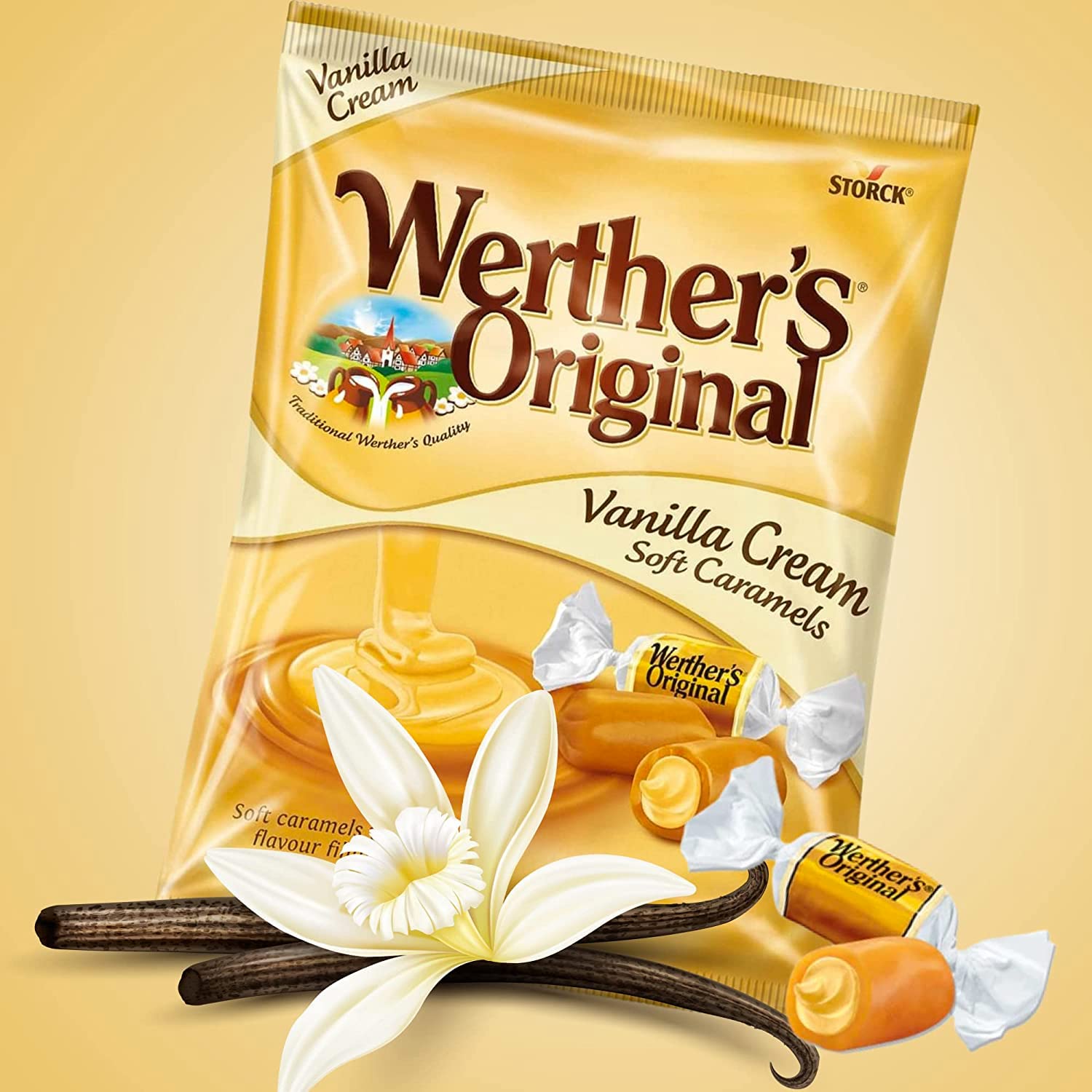 Sweetzo Werther's Original soft chews on kitchen counter for party bowls.