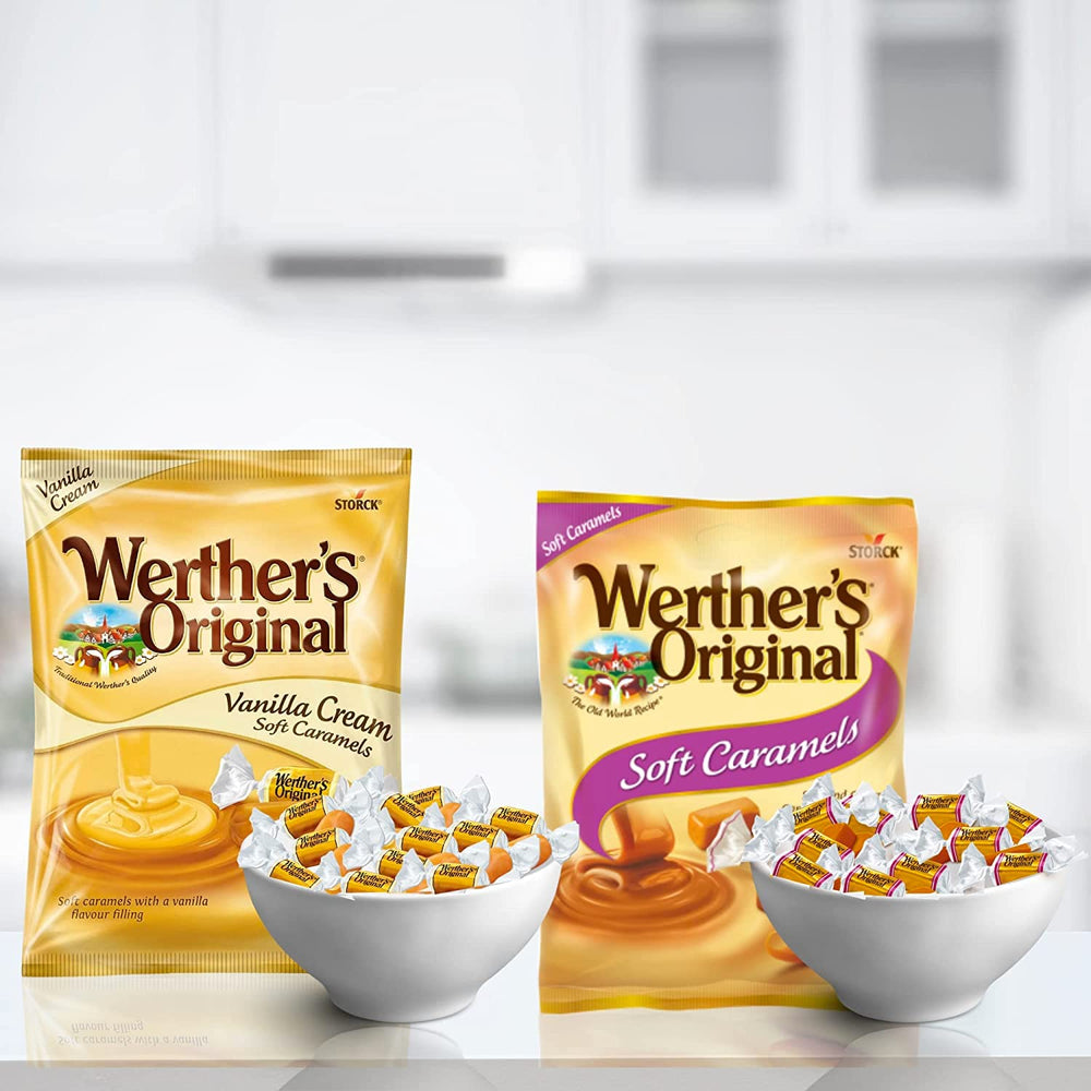 Sweetzo Werther's Original Vanilla Crème soft chews close-up with creamy texture.