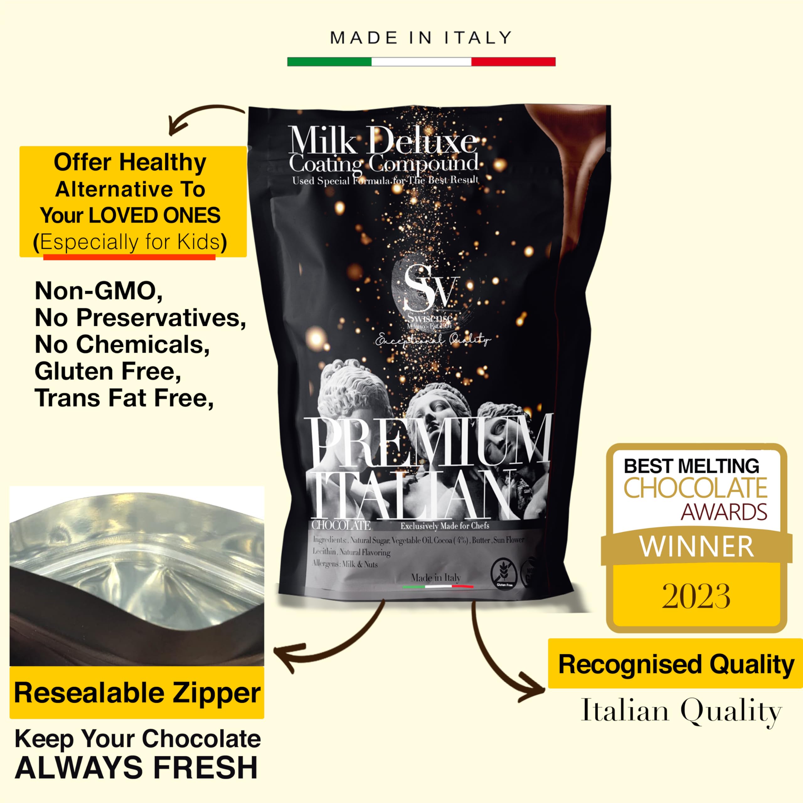 Swisense milk chocolate melts require no oil for the perfect fountain melt