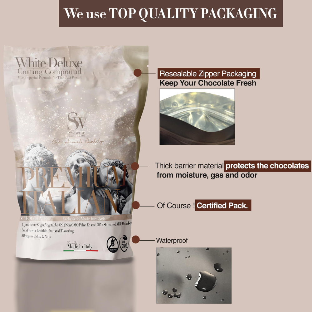 Swisense white chocolate in resealable bag preserves freshness between uses.