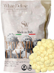 Swisense white melting chocolate wafers in resealable pack for easy storage.