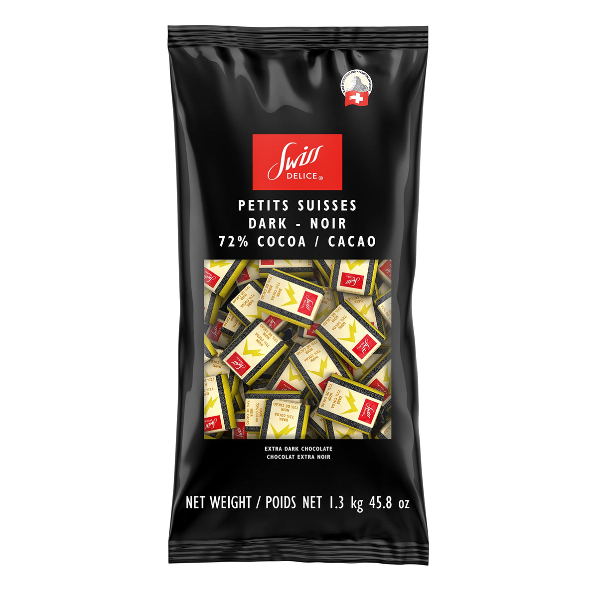 Swiss Delice 72% dark chocolate squares packaging highlights bulk value for gatherings