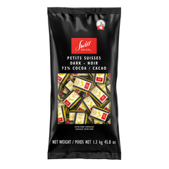 Swiss Delice 72% dark chocolate squares packaging highlights bulk value for gatherings