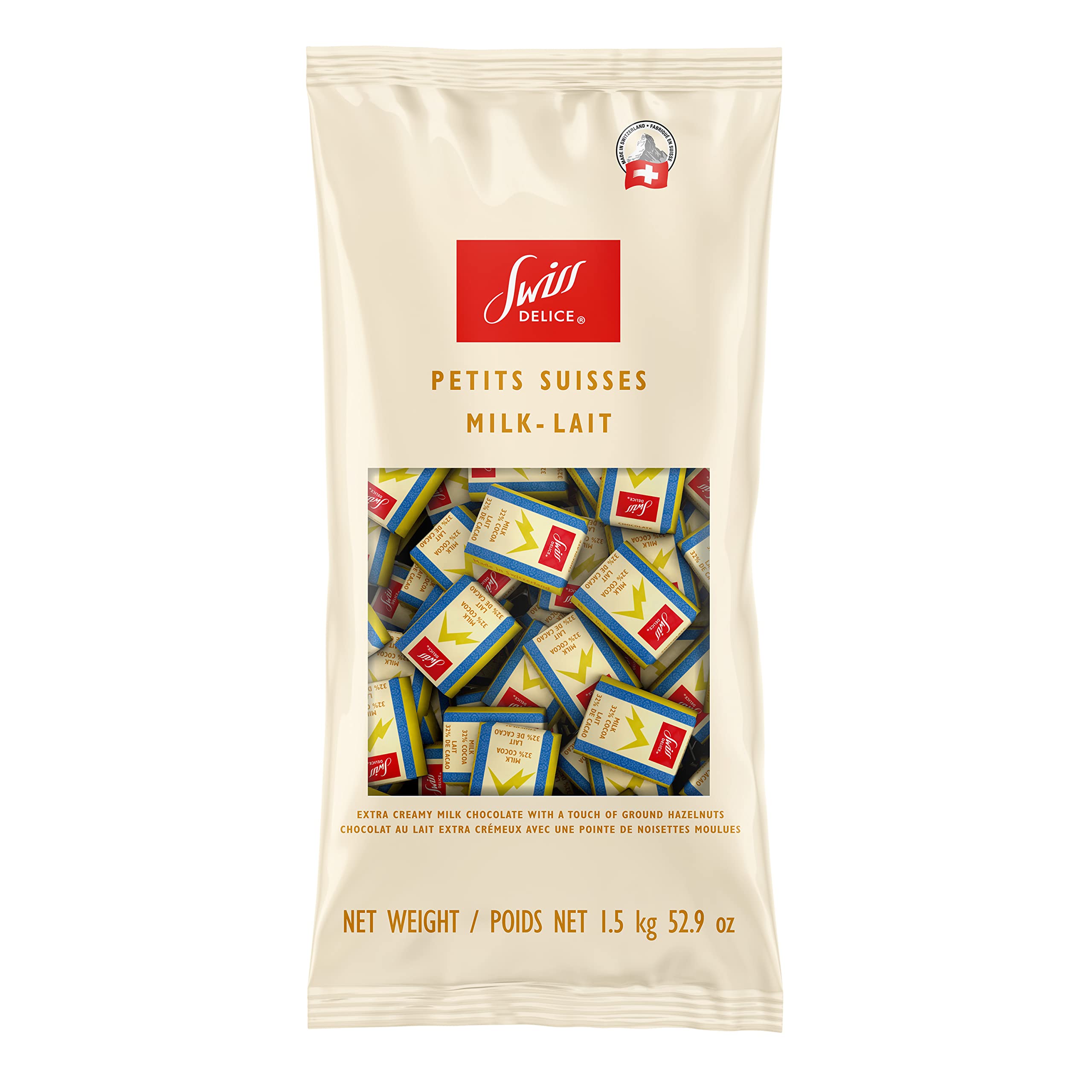 Swiss Delice extra creamy milk chocolate close-up showing rich texture and smooth creaminess.