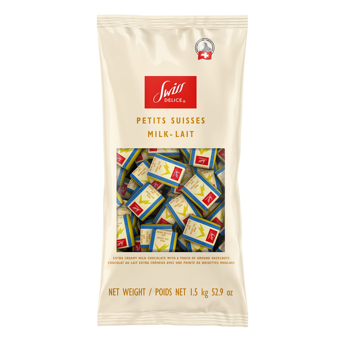 Swiss Delice extra creamy milk chocolate close-up showing rich texture and smooth creaminess.