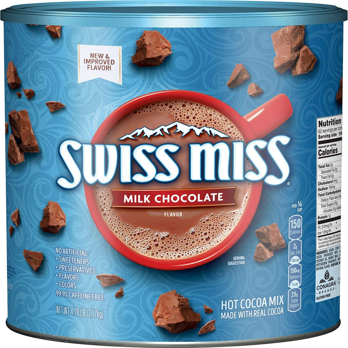 Swiss Miss milk chocolate hot cocoa canister front view for cozy mornings