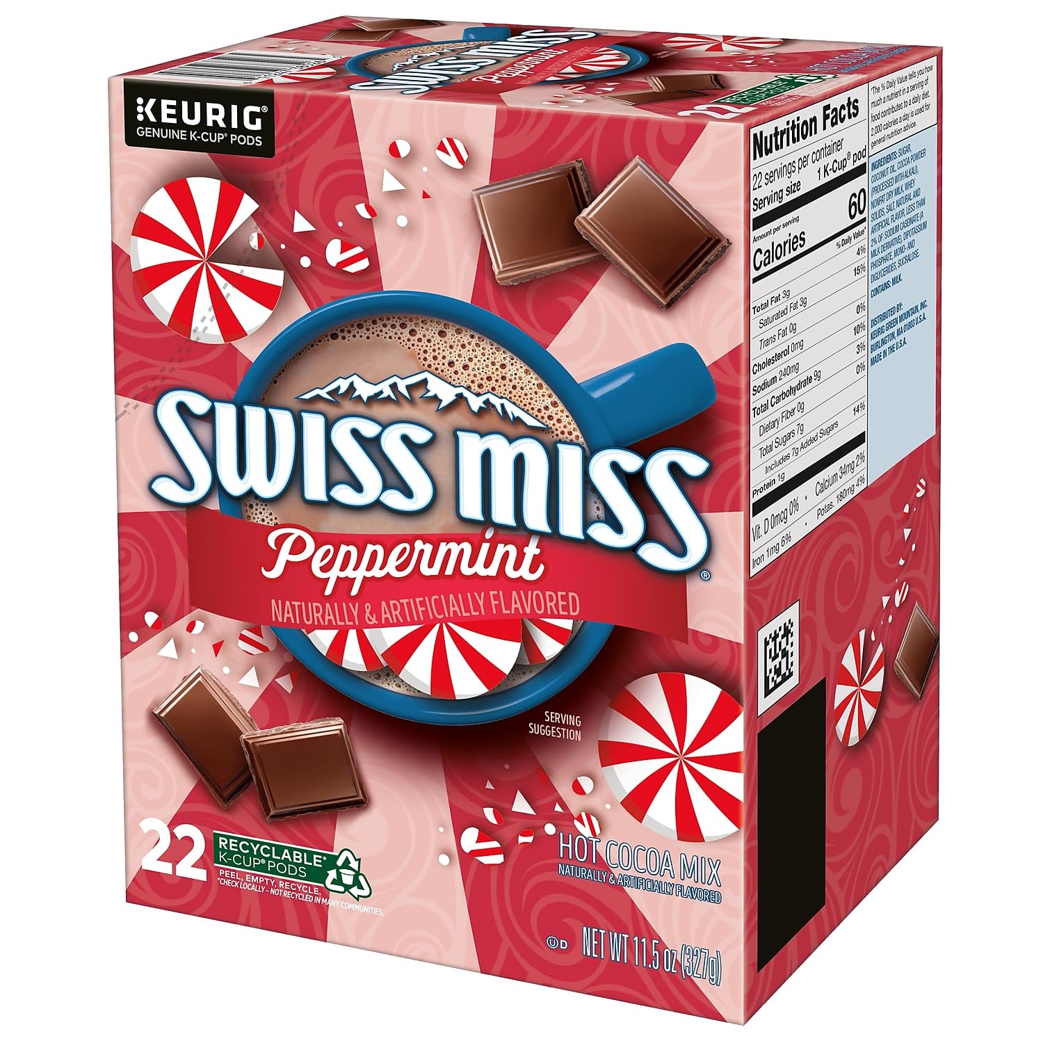 Steaming mug of Swiss Miss peppermint cocoa, inviting aroma.