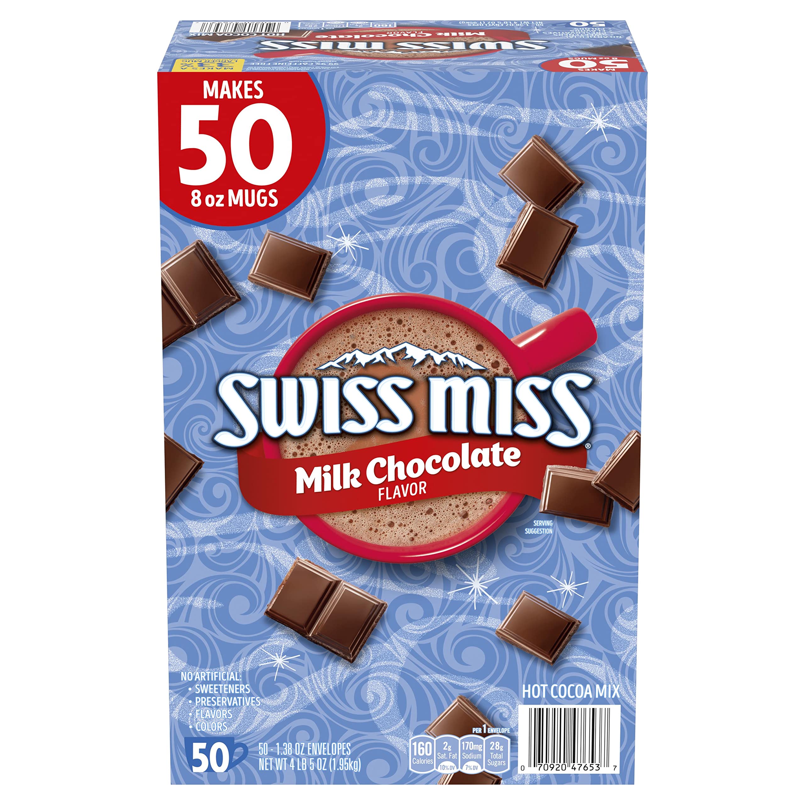 Swiss Miss cocoa packets with steaming cup for quick, cozy moments