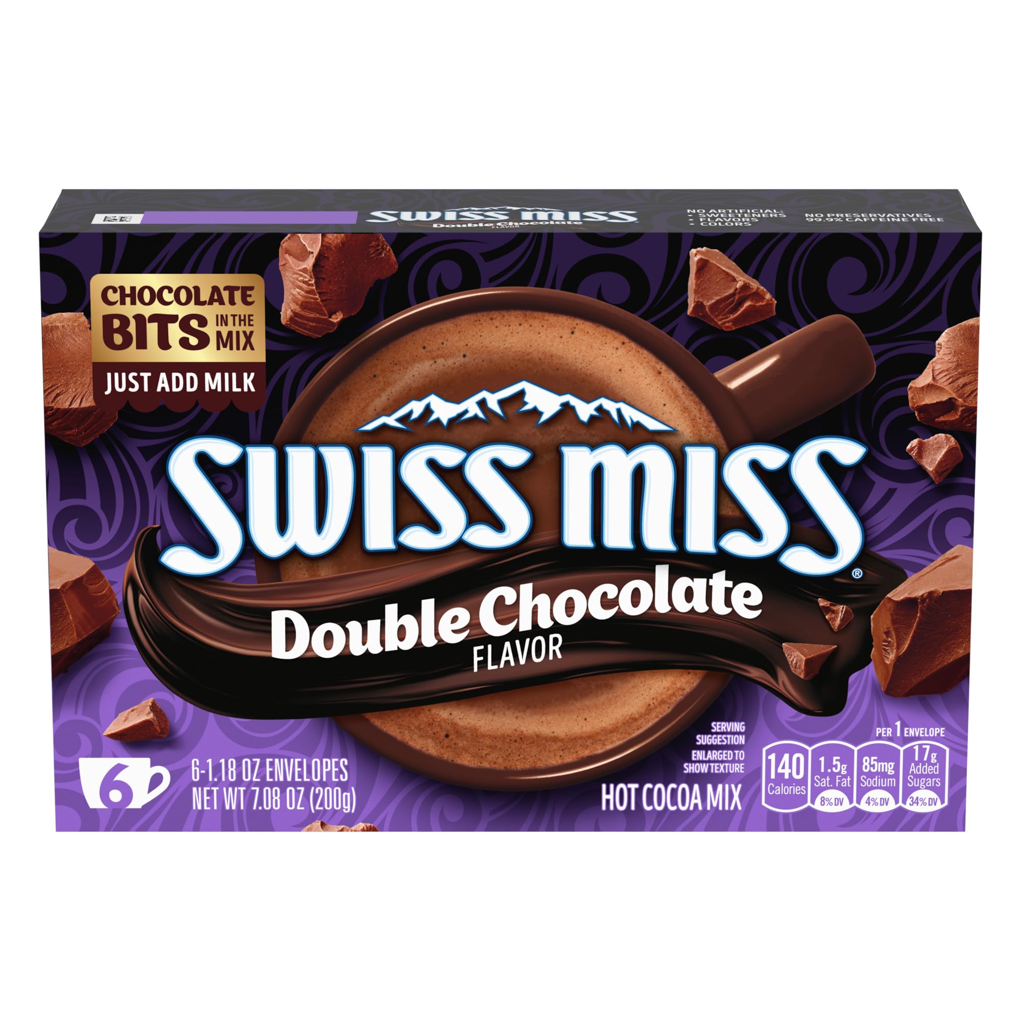 Swiss Miss double chocolate flavor envelopes close-up, quick and creamy cocoa for busy evenings.