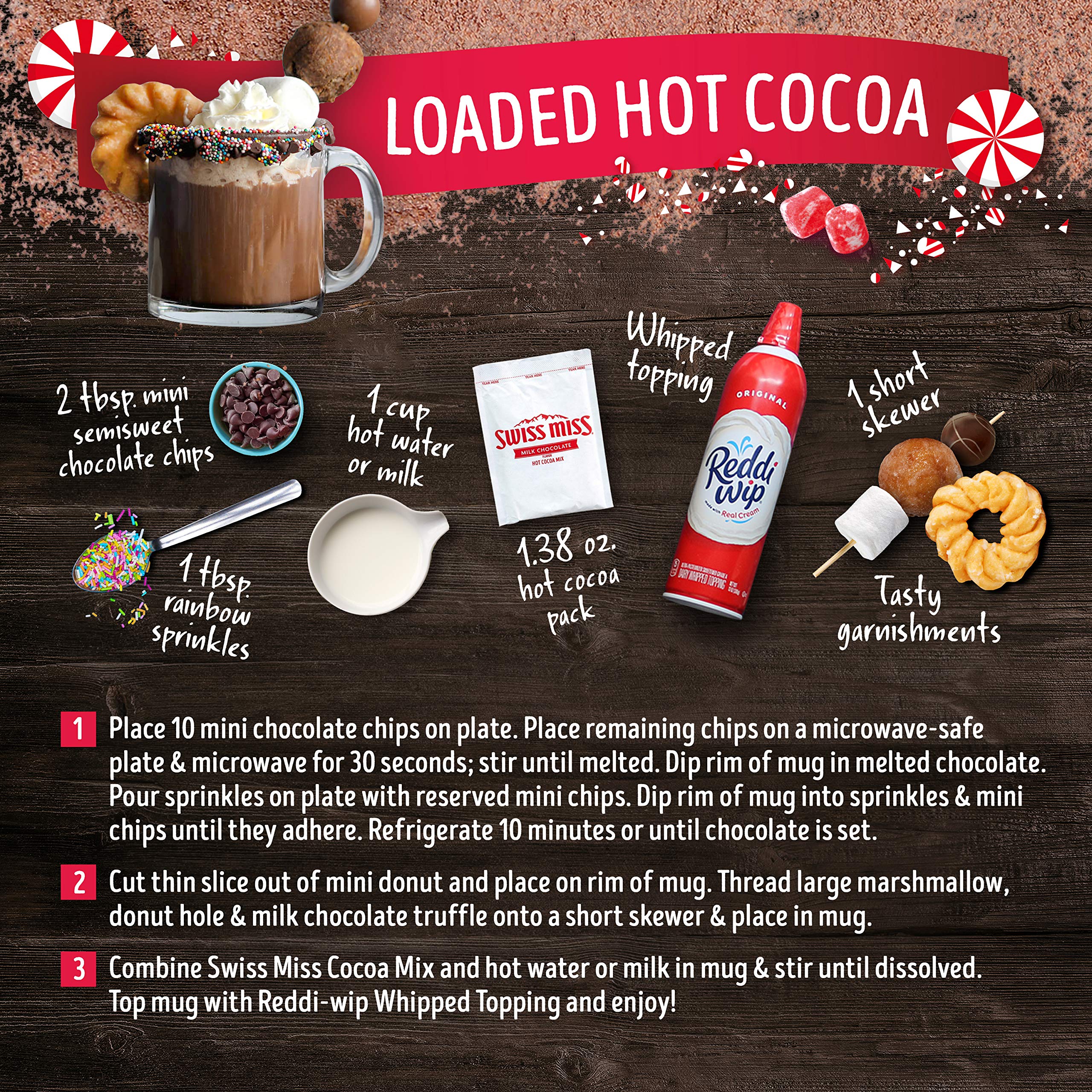 Holiday cocoa setup featuring Swiss Miss on a festive table