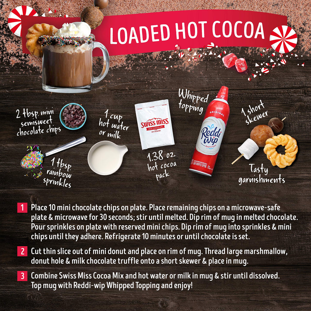 Holiday cocoa setup featuring Swiss Miss on a festive table