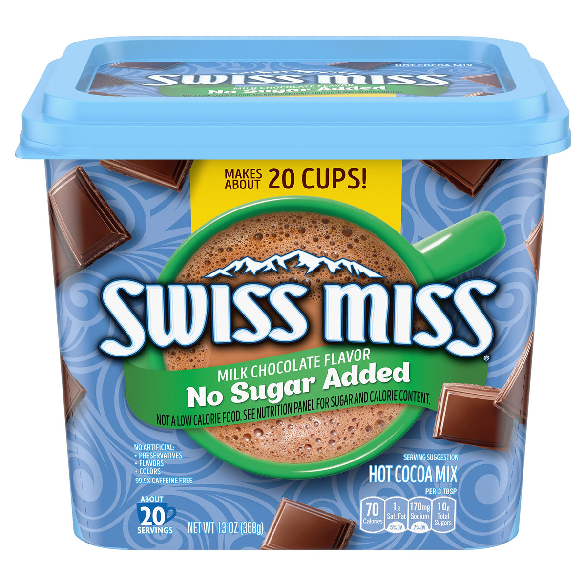 Swiss Miss hot cocoa canister front view shows no sugar added chocolate indulgence.