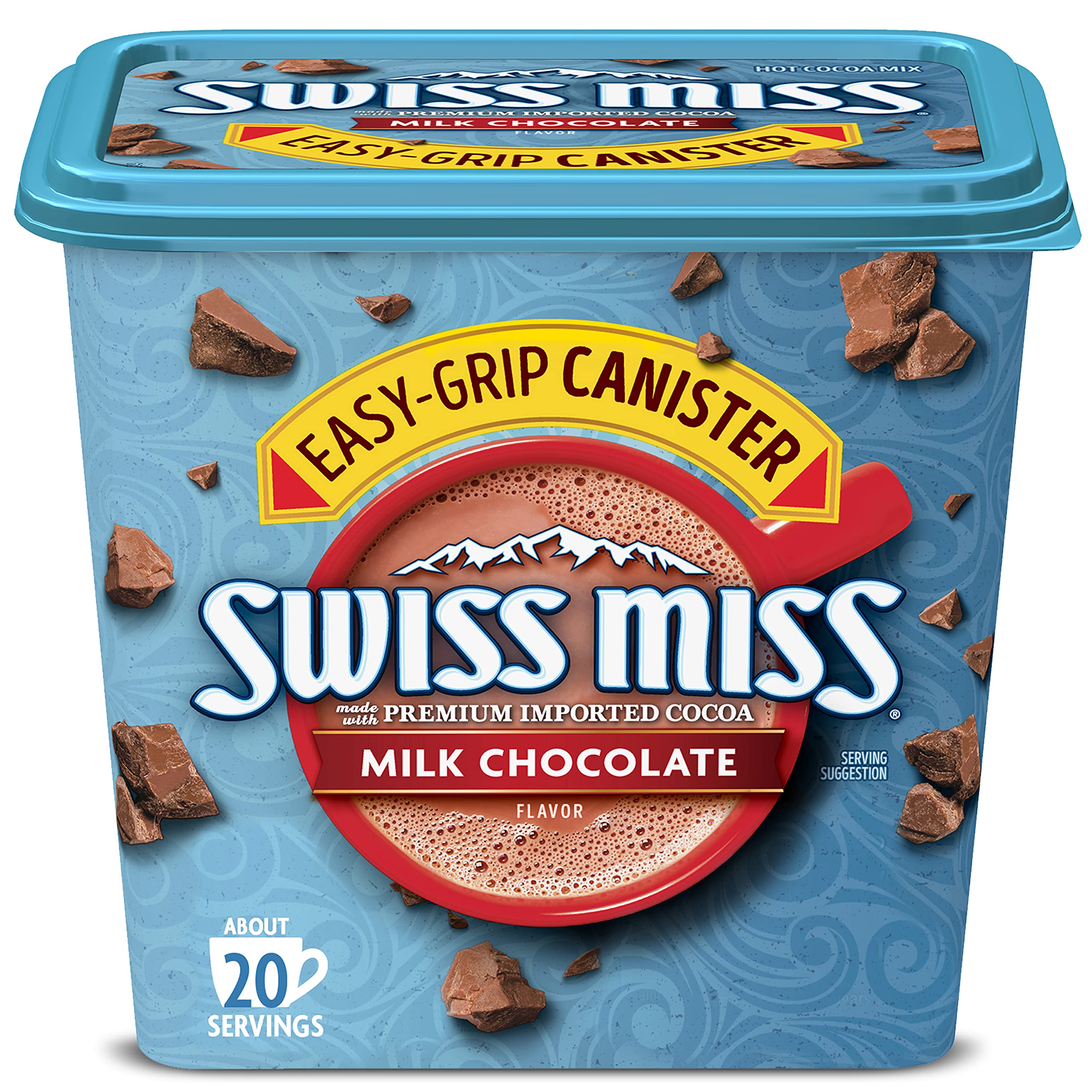 Swiss Miss hot cocoa canister front, cozy mornings and family smiles.