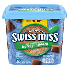 Swiss Miss hot cocoa canister front view shows no sugar added chocolate indulgence.