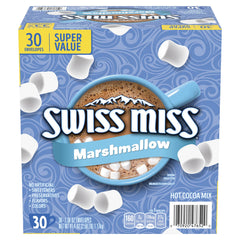 Swiss Miss hot cocoa mix with marshmallows box front, convenient 30-pack for quick treats