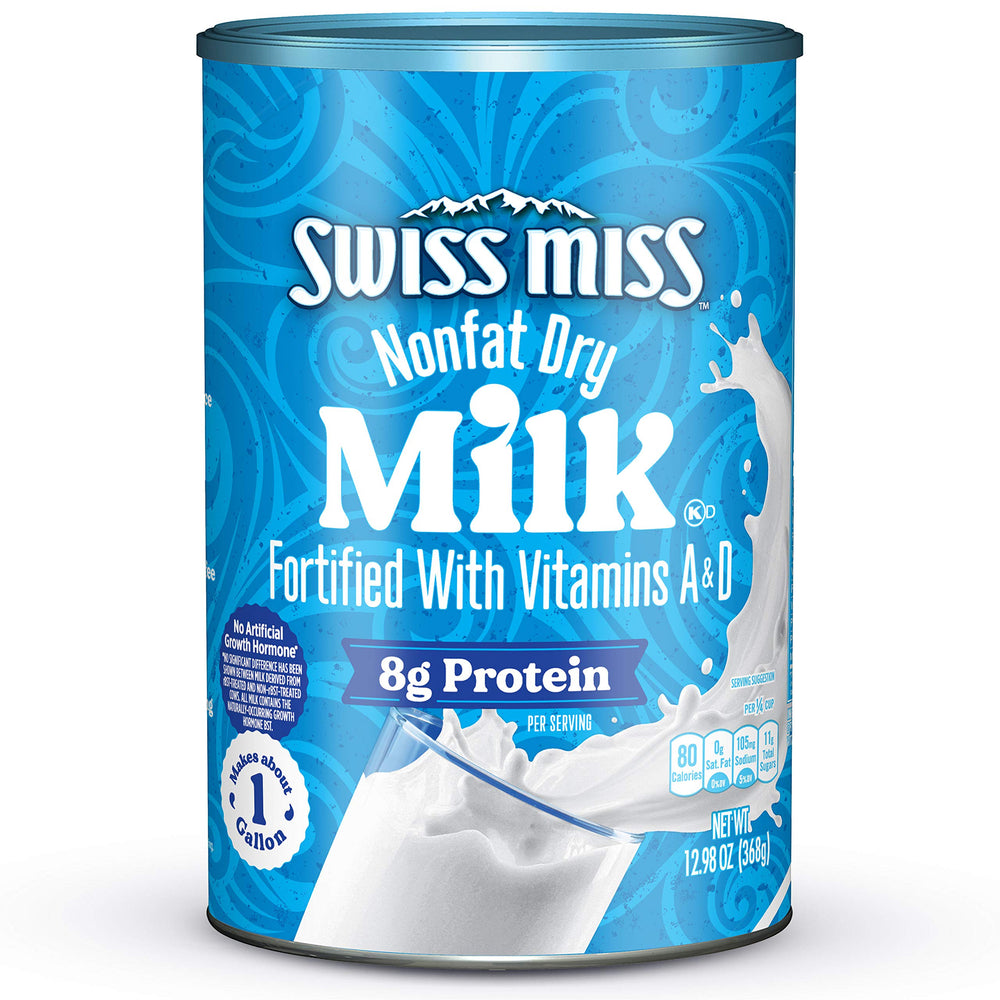 Swiss Miss nonfat dry milk canister viewed from top, fortified with vitamins A and D for everyday use.