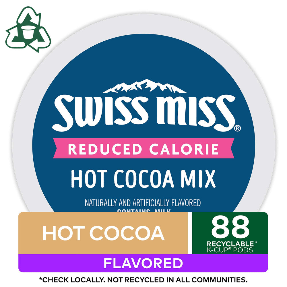 Swiss Miss packaging close-up highlighting reduced calorie formula