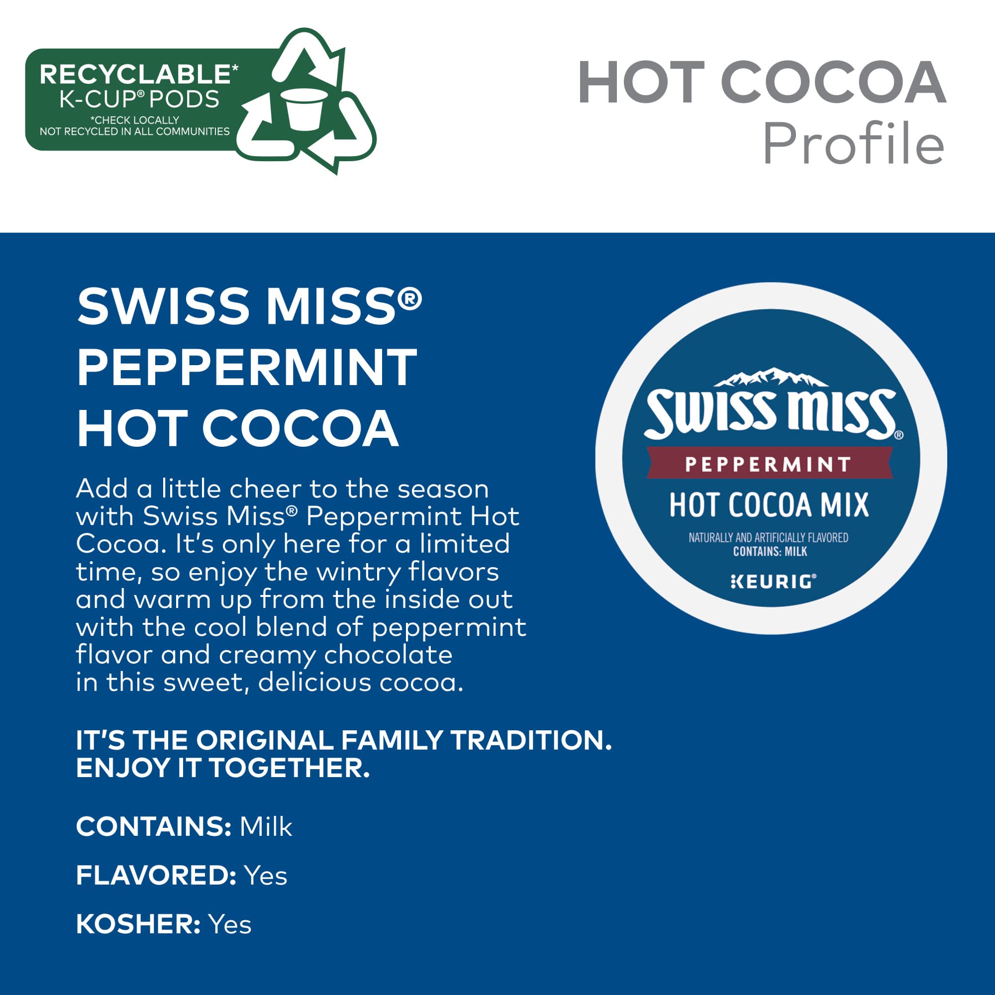 Swiss Miss peppermint hot cocoa with real dairy for creamy taste.