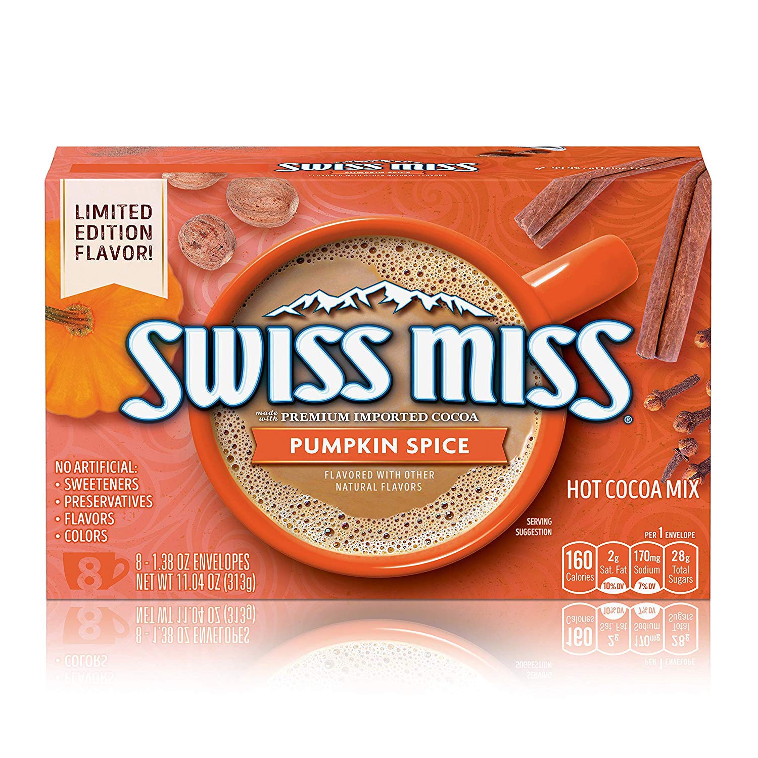 Swiss Miss Pumpkin Spice packaging close-up highlights premium cocoa for cozy winter drinks.
