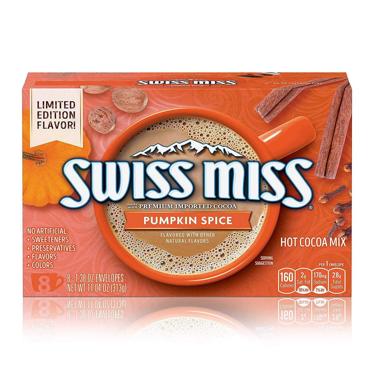 Swiss Miss Pumpkin Spice packaging close-up highlights premium cocoa for cozy winter drinks.